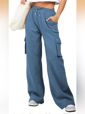 Blue Wide Leg Cargo Sweatpants Womens L High Waist Fleece Lounge Pants